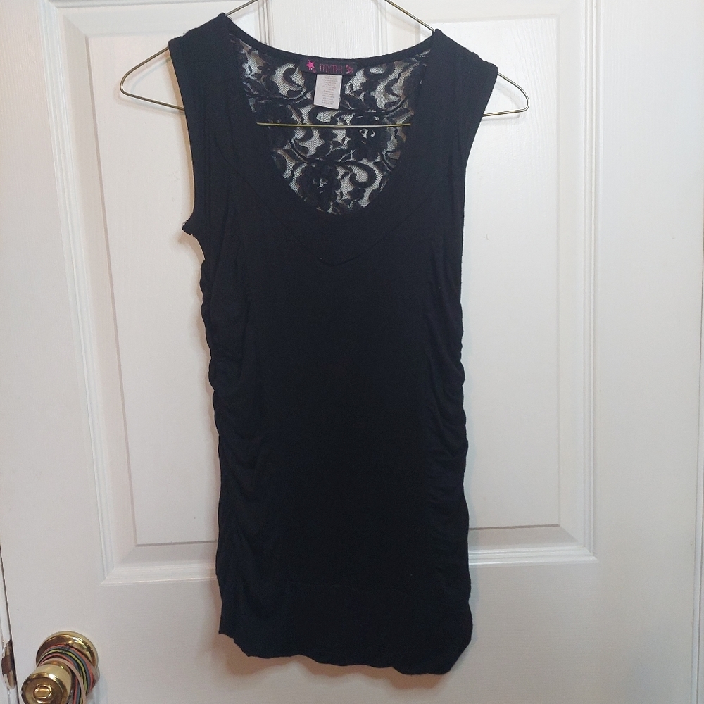 Myth Vintage Black Ruched Scoop Neck Tank Blouse Lace Back Y2K Clubwear Size M